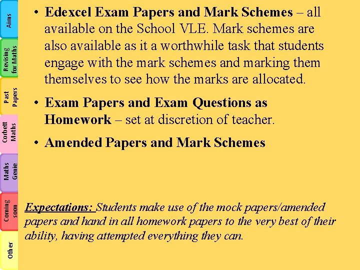 Aims Revising for Maths Past Papers • Exam Papers and Exam Questions as Homework