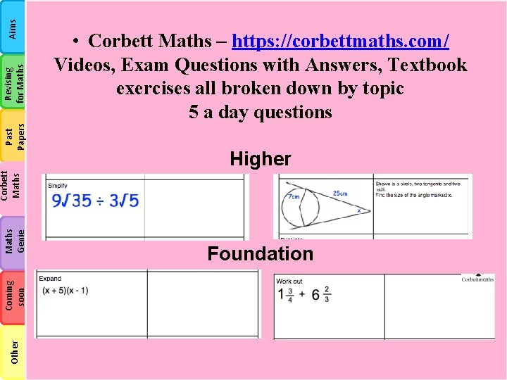 Higher Aims Revising for Maths Other Coming soon Maths Genie Corbett Maths Past Papers