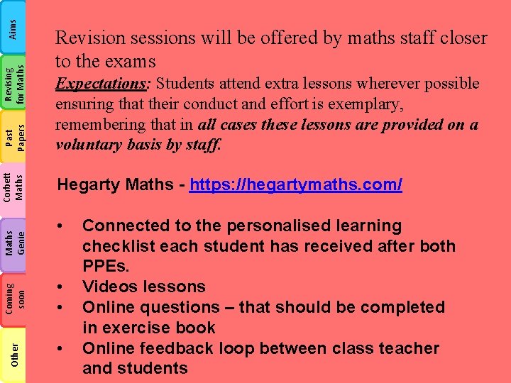 Aims Revising for Maths Past Papers Corbett Maths Genie Coming soon Other Revision sessions