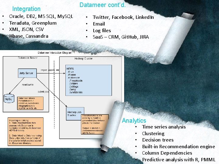 Integration • • Oracle, DB 2, MS SQL, My. SQL Teradata, Greenplum XML, JSON,