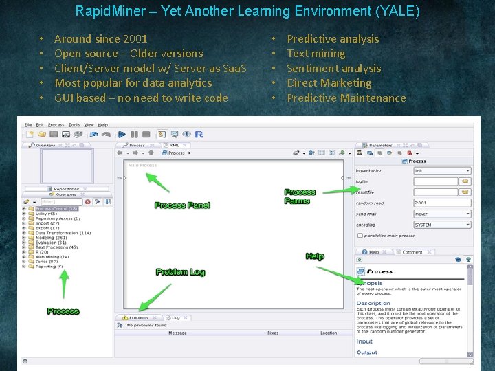 Rapid. Miner – Yet Another Learning Environment (YALE) • • • Around since 2001