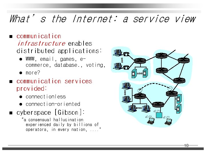 What’s the Internet: a service view n communication infrastructure enables distributed applications: l l