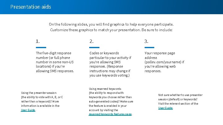 Presentation aids On the following slides, you will find graphics to help everyone participate.