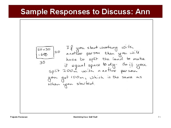 Sample Responses to Discuss: Ann Projector Resources Maximizing Area: Gold Rush P-4 