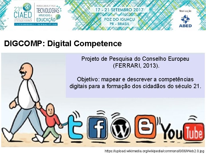 DIGCOMP: Digital Competence Projeto de Pesquisa do Conselho Europeu (FERRARI, 2013). Objetivo: mapear e