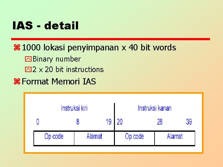 IAS - detail z 1000 lokasi penyimpanan x 40 bit words y. Binary number