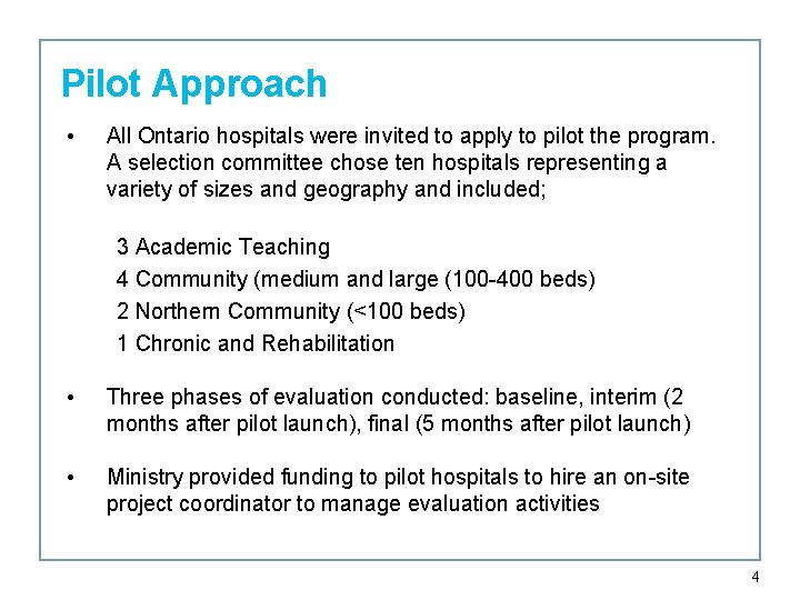 Pilot Approach • All Ontario hospitals were invited to apply to pilot the program.