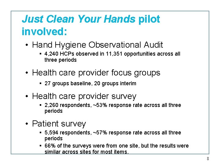 Just Clean Your Hands pilot involved: • Hand Hygiene Observational Audit § 4, 240