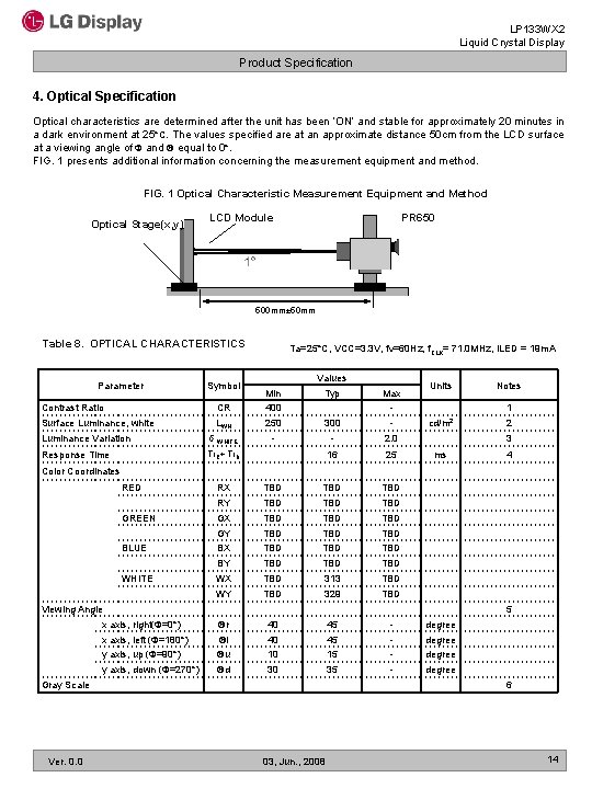 LP 133 WX 2 Liquid Crystal Display Product Specification 4. Optical Specification Optical characteristics