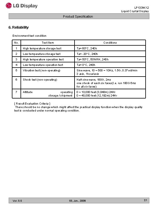 LP 133 WX 2 Liquid Crystal Display Product Specification 6. Reliability Environment test condition