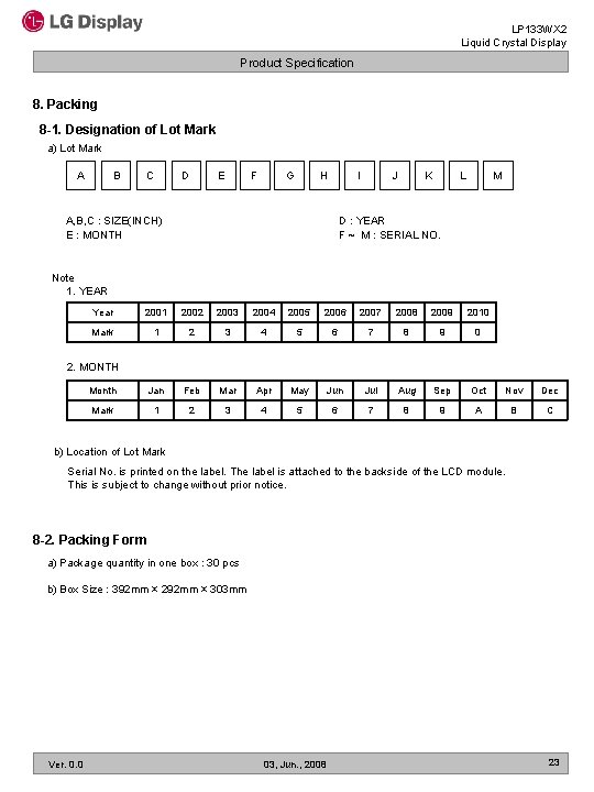 LP 133 WX 2 Liquid Crystal Display Product Specification 8. Packing 8 -1. Designation