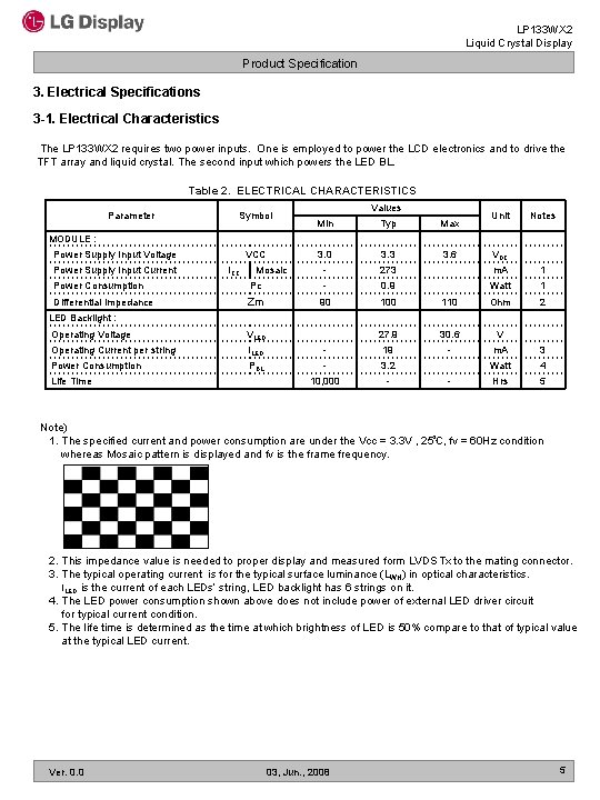 LP 133 WX 2 Liquid Crystal Display Product Specification 3. Electrical Specifications 3 -1.