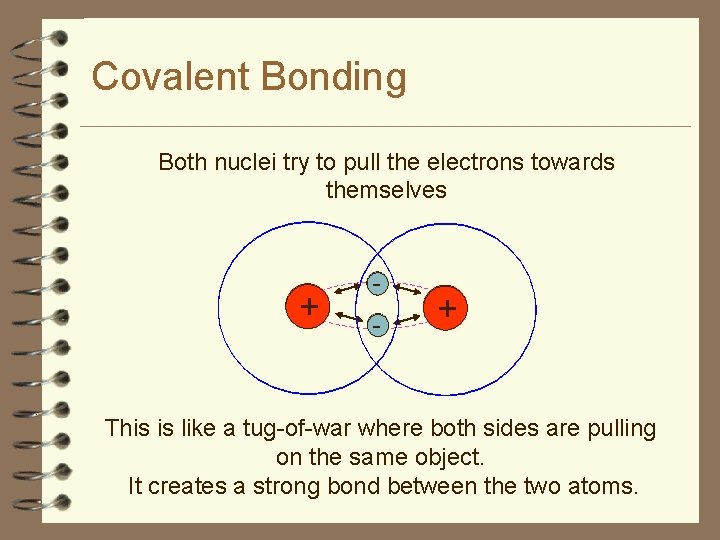 Covalent Bonding Both nuclei try to pull the electrons towards themselves + - +