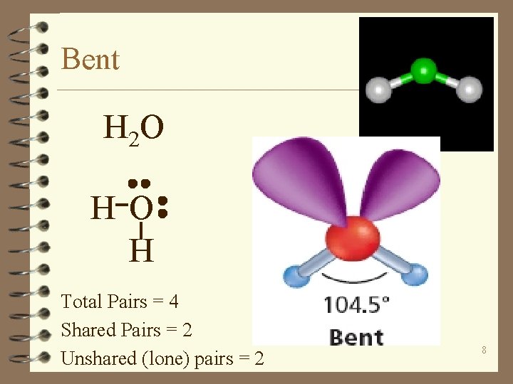 Bent H 2 O H Total Pairs = 4 Shared Pairs = 2 Unshared