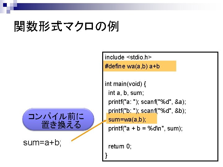 関数形式マクロの例 include <stdio. h> #define wa(a, b) a+b コンパイル前に 置き換える int main(void) { int