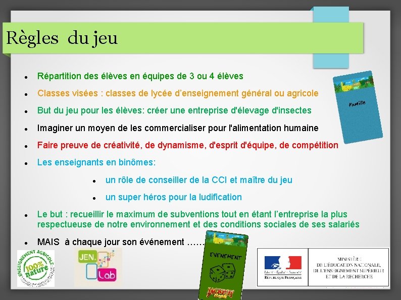 Règles du jeu Répartition des élèves en équipes de 3 ou 4 élèves Classes