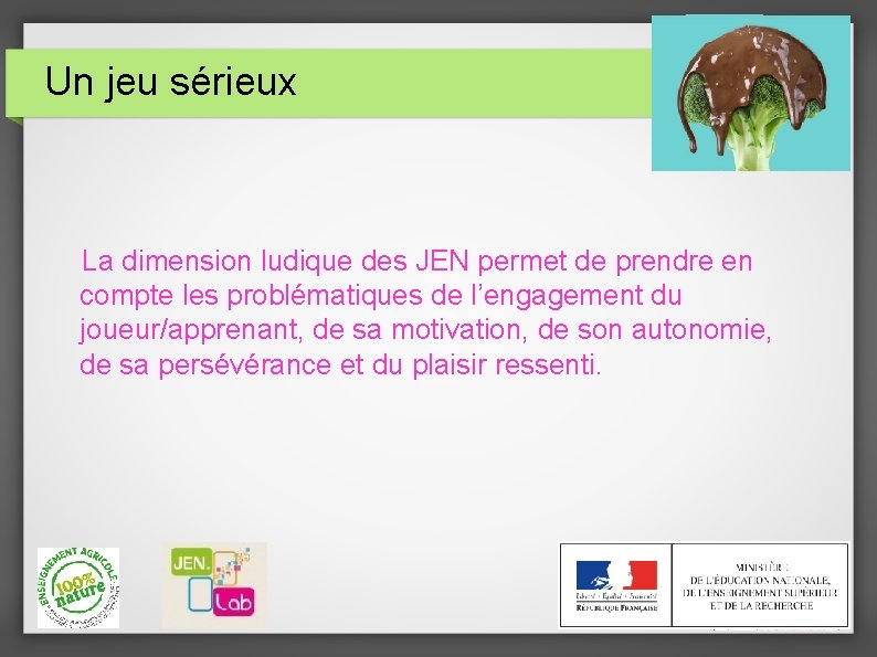 Un jeu sérieux La dimension ludique des JEN permet de prendre en compte les