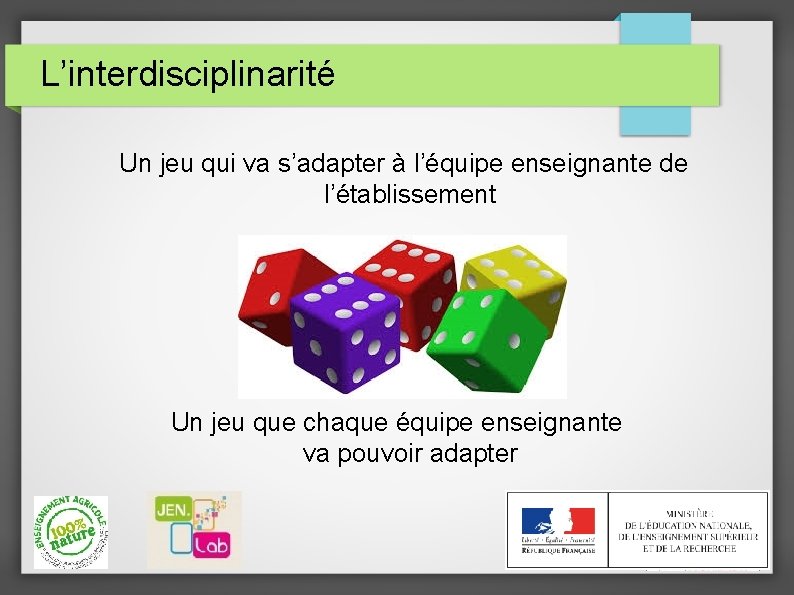 L’interdisciplinarité Un jeu qui va s’adapter à l’équipe enseignante de l’établissement Un jeu que