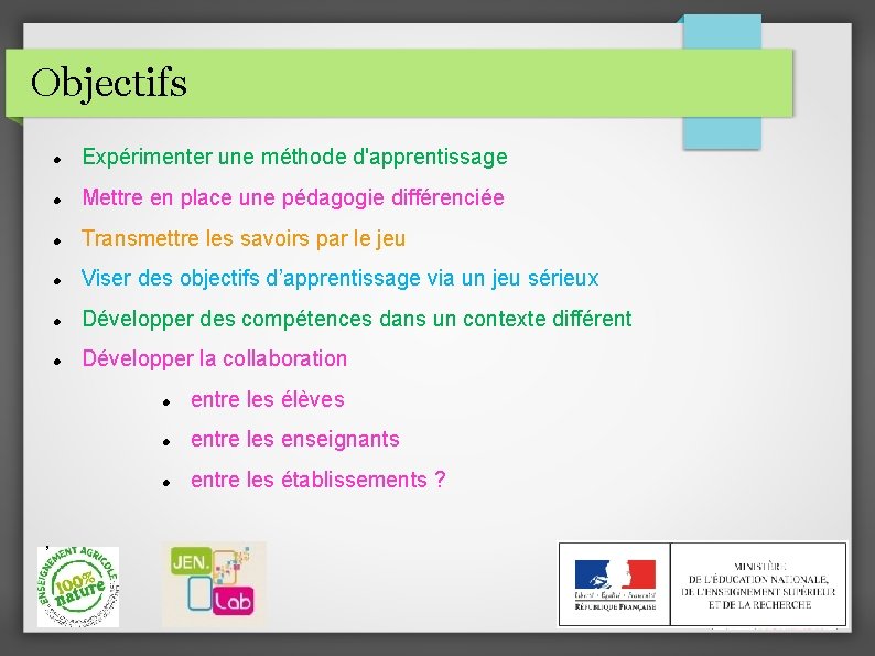 Objectifs , Expérimenter une méthode d'apprentissage Mettre en place une pédagogie différenciée Transmettre les