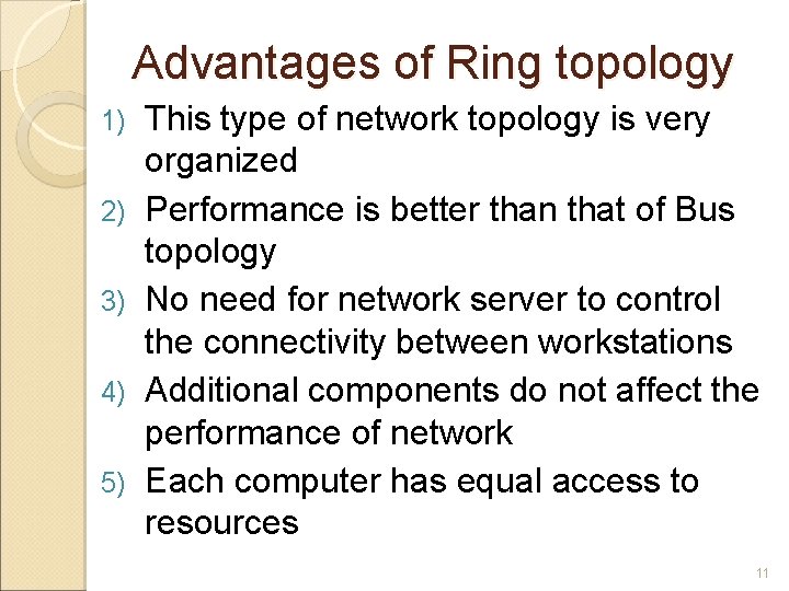 Advantages of Ring topology 1) 2) 3) 4) 5) This type of network topology