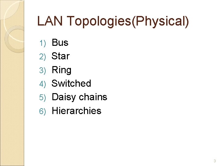 LAN Topologies(Physical) 1) 2) 3) 4) 5) 6) Bus Star Ring Switched Daisy chains
