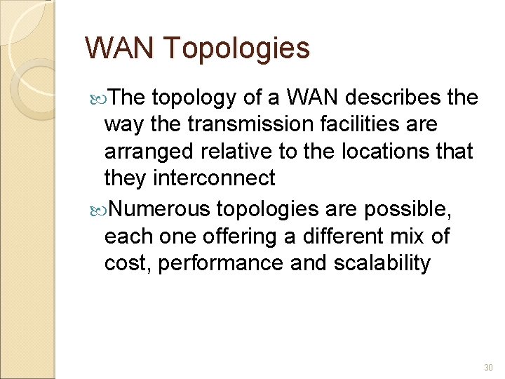 WAN Topologies The topology of a WAN describes the way the transmission facilities are
