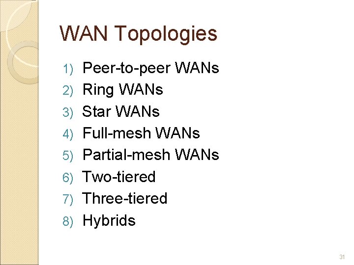 WAN Topologies 1) 2) 3) 4) 5) 6) 7) 8) Peer-to-peer WANs Ring WANs