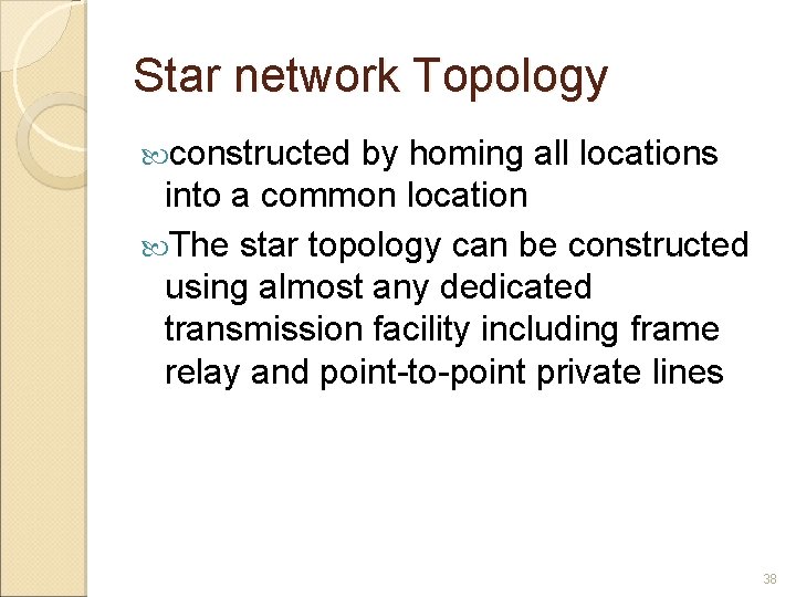 Star network Topology constructed by homing all locations into a common location The star