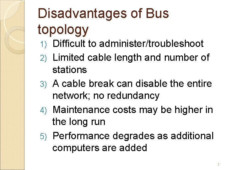 Disadvantages of Bus topology 1) 2) 3) 4) 5) Difficult to administer/troubleshoot Limited cable