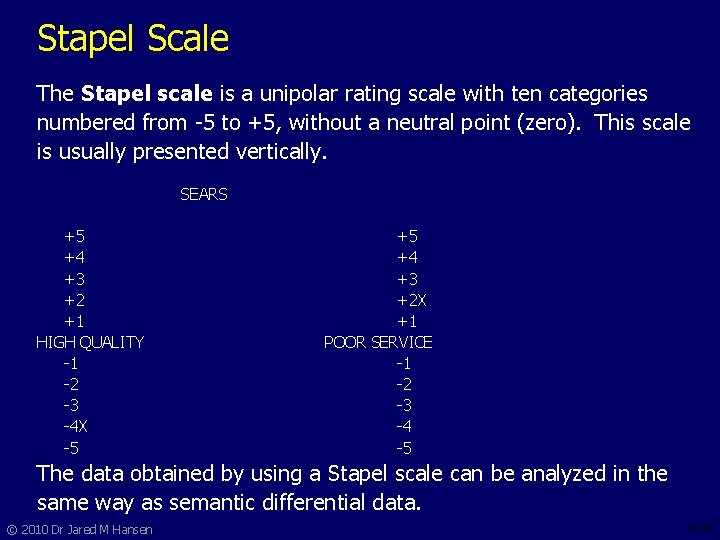 Stapel Scale The Stapel scale is a unipolar rating scale with ten categories numbered