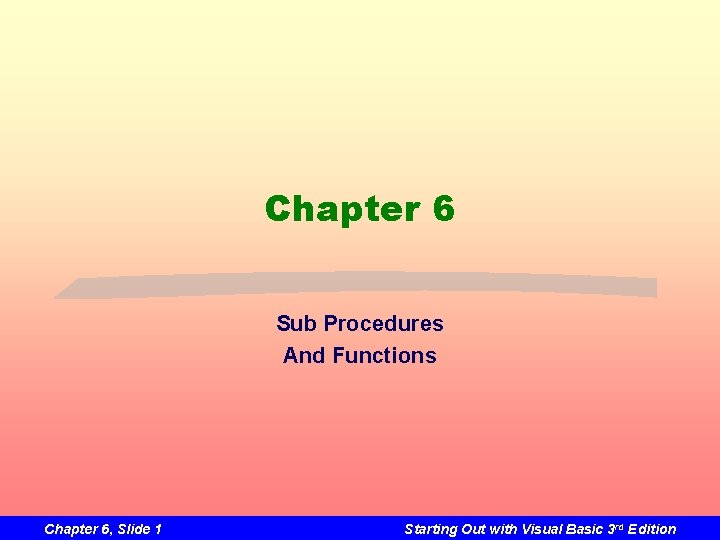 Chapter 6 Sub Procedures And Functions Chapter 6, Slide 1 Starting Out with Visual