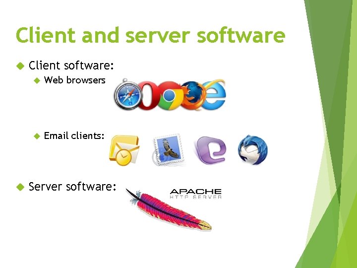 Client and server software Client software: Web browsers Email clients: Server software: 