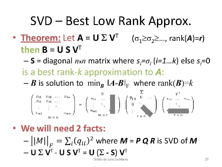 SVD – Best Low Rank Approx. • Slides by Jure Leskovec 27 