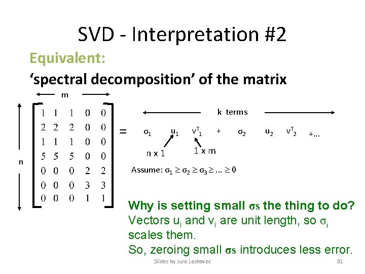 SVD - Interpretation #2 Equivalent: ‘spectral decomposition’ of the matrix m k terms =