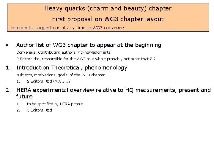 Heavy quarks (charm and beauty) chapter First proposal on WG 3 chapter layout comments,