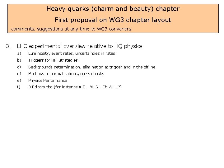 Heavy quarks (charm and beauty) chapter First proposal on WG 3 chapter layout comments,