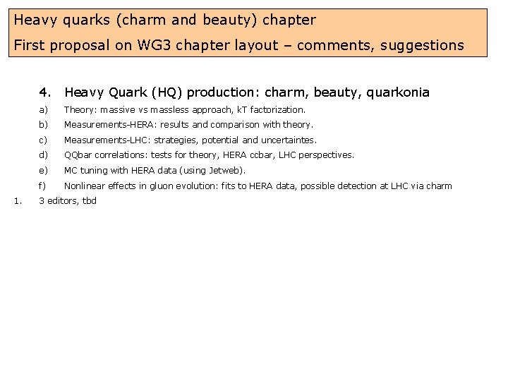 Heavy quarks (charm and beauty) chapter First proposal on WG 3 chapter layout –