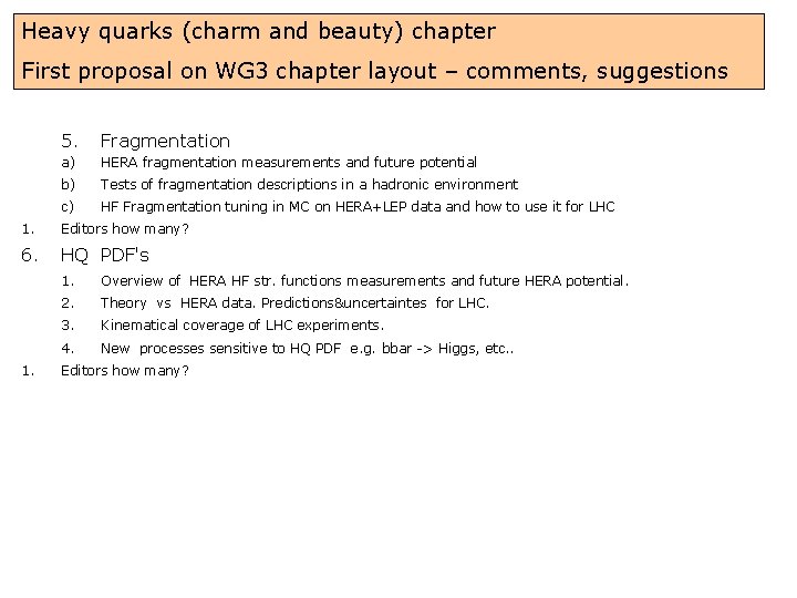 Heavy quarks (charm and beauty) chapter First proposal on WG 3 chapter layout –