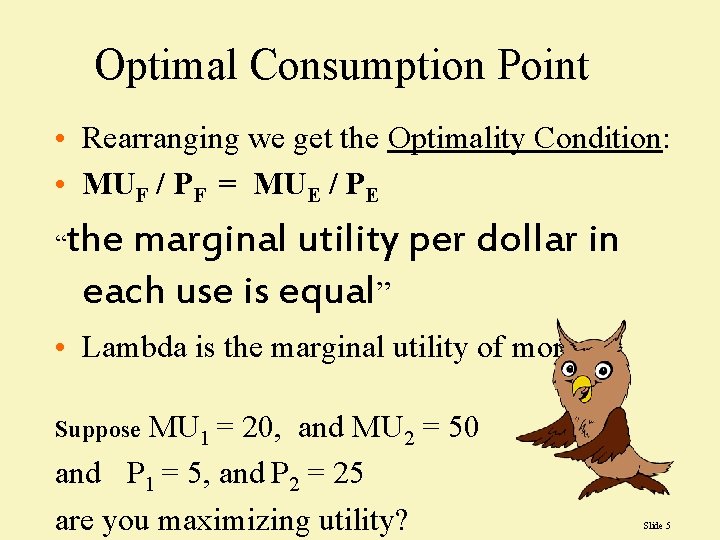 Optimal Consumption Point • Rearranging we get the Optimality Condition: • MUF / PF