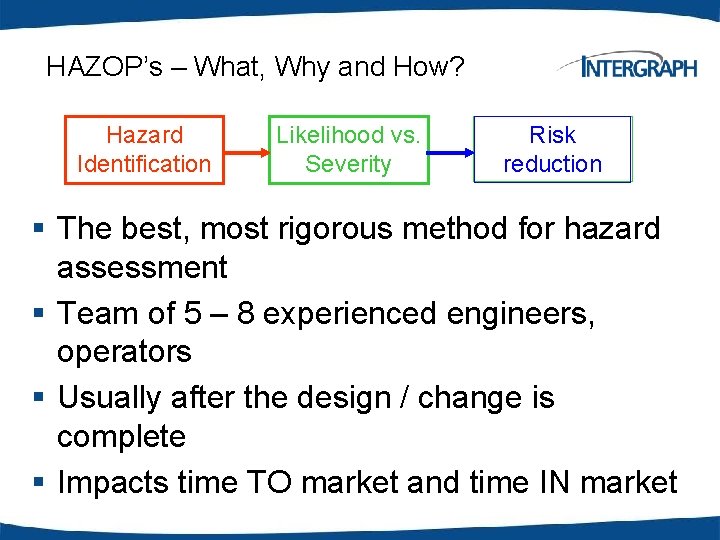 HAZOP’s – What, Why and How? Hazard Identification Likelihood vs. Severity Risk reduction §