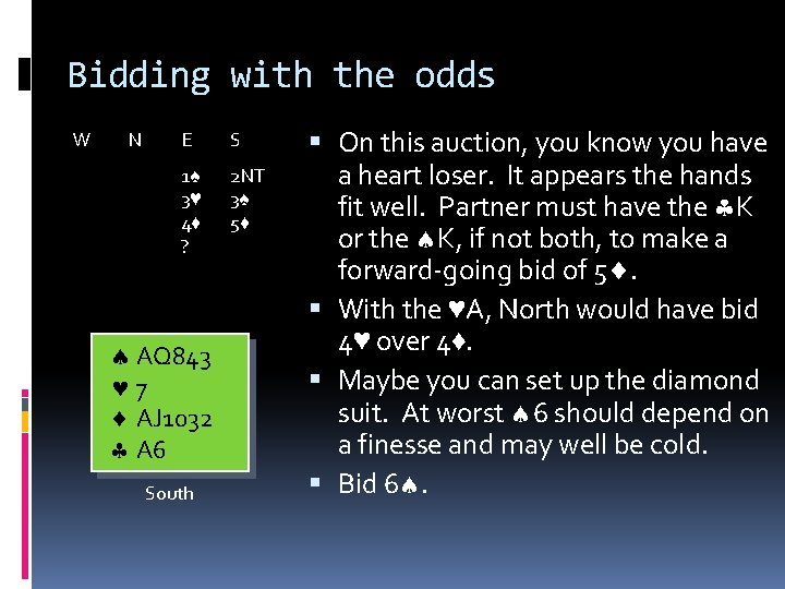 Bidding with the odds W N E S 1♠ 3♥ 4♦ ? 2 NT