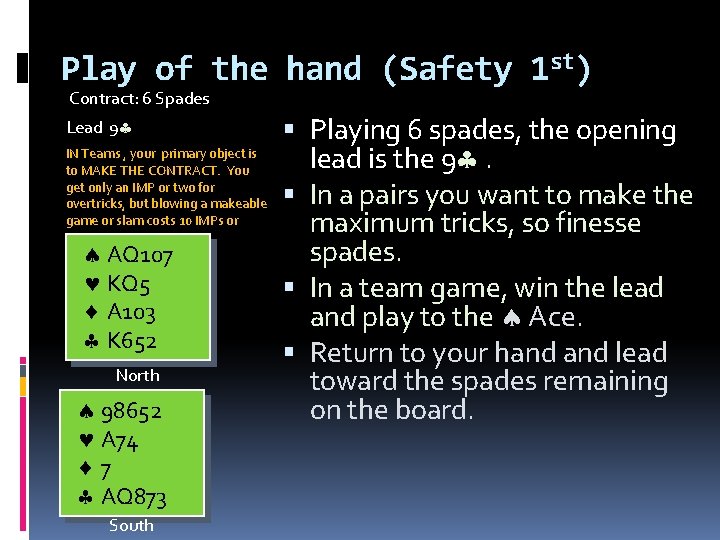 Play of the hand (Safety 1 st) Contract: 6 Spades Lead 9 IN Teams