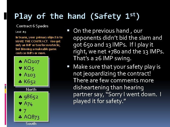 Play of the hand (Safety 1 st) Contract 6 Spades Lead 9 In teams,