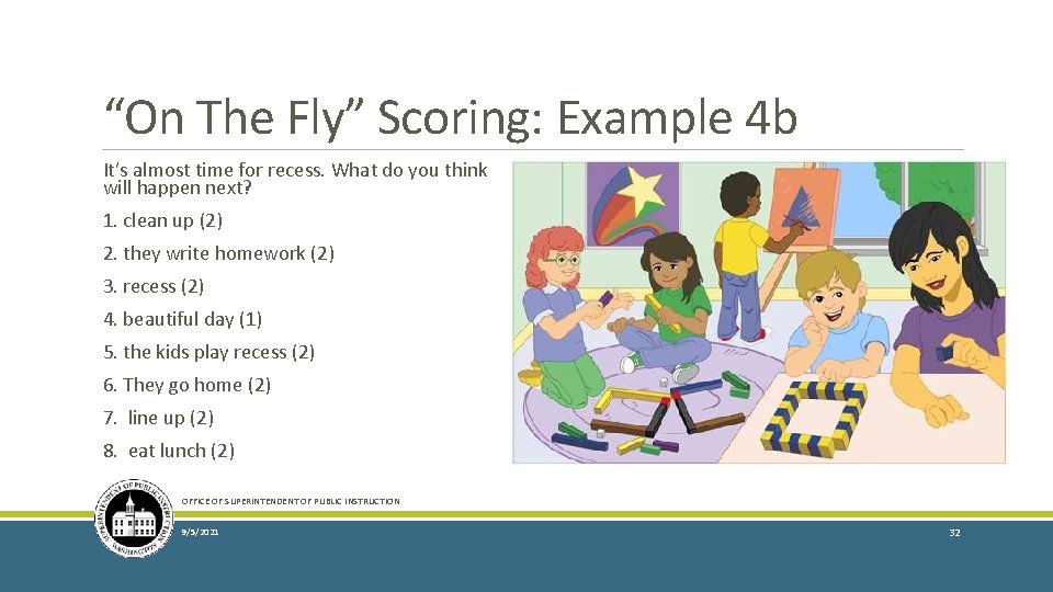 “On The Fly” Scoring: Example 4 b It’s almost time for recess. What do