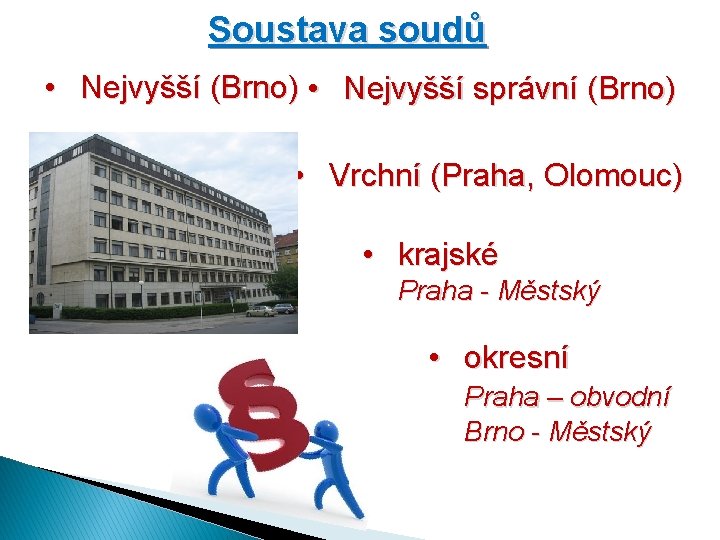 Soustava soudů • Nejvyšší (Brno) • Nejvyšší správní (Brno) • Vrchní (Praha, Olomouc) •