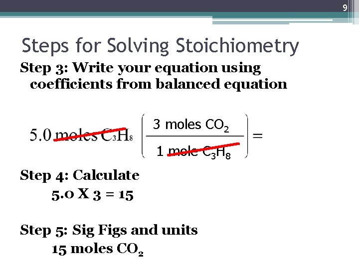 9 Steps for Solving Stoichiometry Step 3: Write your equation using coefficients from balanced