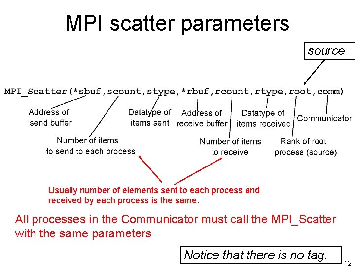 MPI scatter parameters source Usually number of elements sent to each process and received MPI scatter parameters source Usually number of elements sent to each process and received