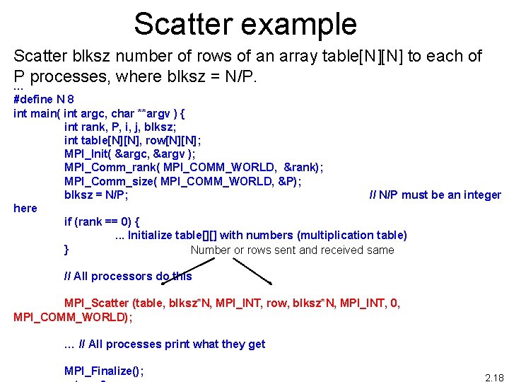 Scatter example Scatter blksz number of rows of an array table[N][N] to each of