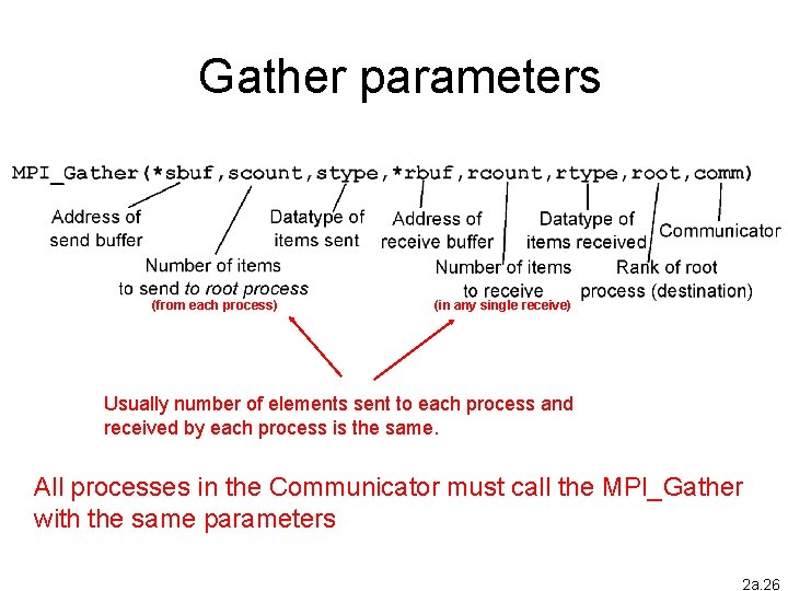 Gather parameters (from each process) (in any single receive) Usually number of elements sent Gather parameters (from each process) (in any single receive) Usually number of elements sent
