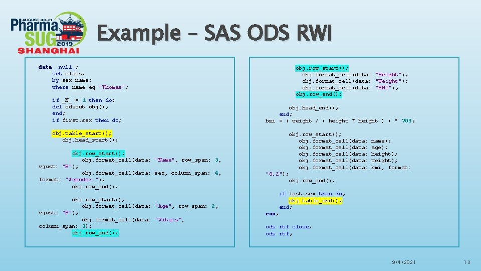 Example – SAS ODS RWI data _null_; set class; by sex name; where name